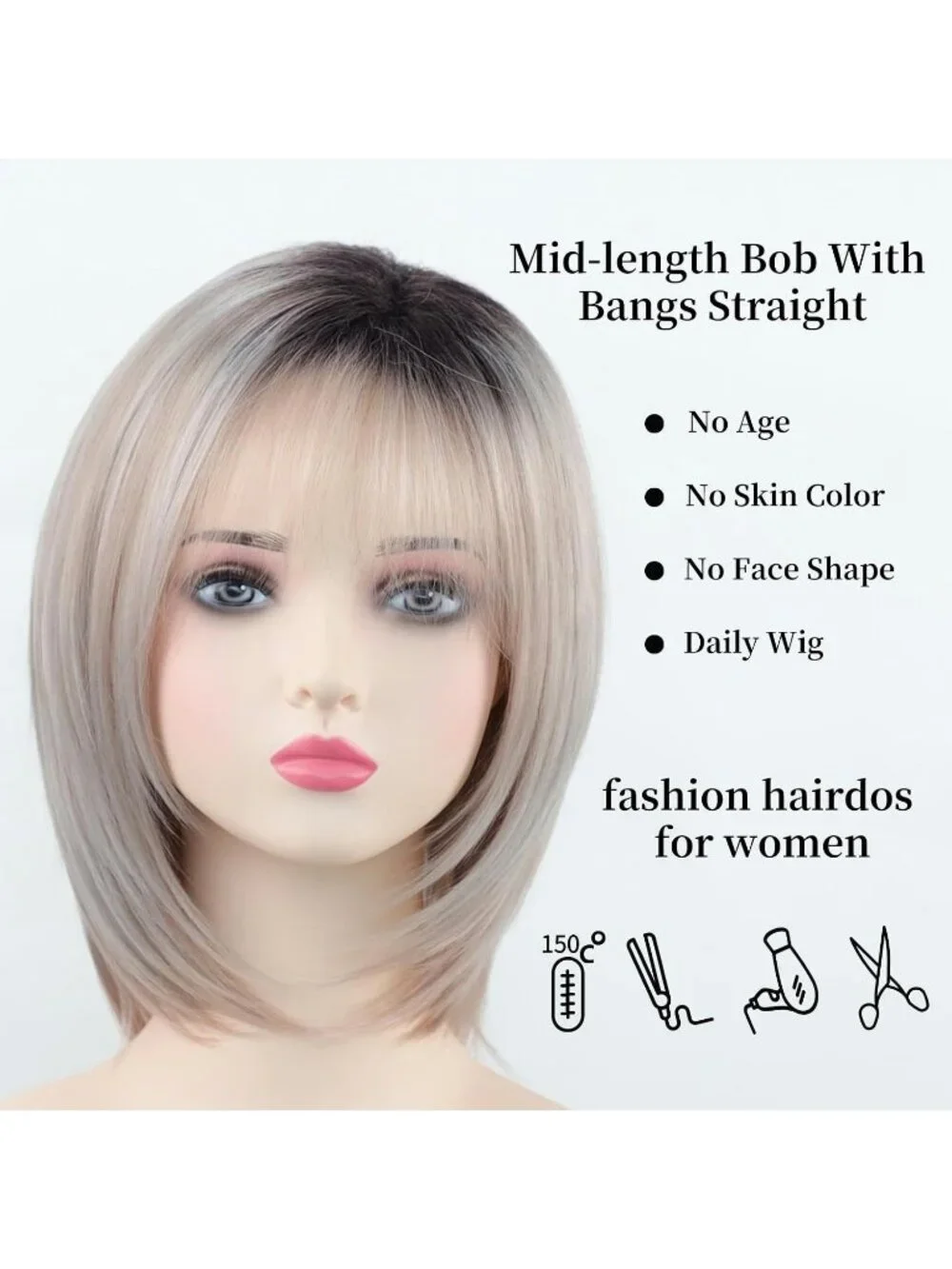 Women's Light Blonde 12 Inch Mid Length Heat Synthetic Straight Layered Bob Wigs